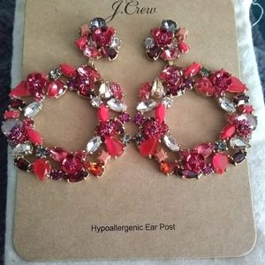 NWT J. Crew Watusi Floral Wreath Earrings Multicolor Pink with bag Crystal